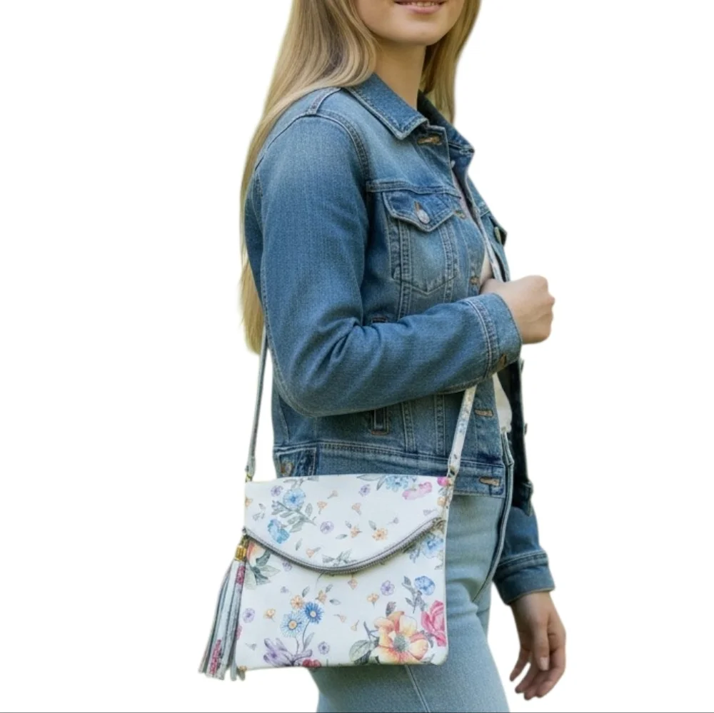 Venice Leather Floral White Genuine Leather Crossbody Bag Mady in Italy - Picture 2 of 10